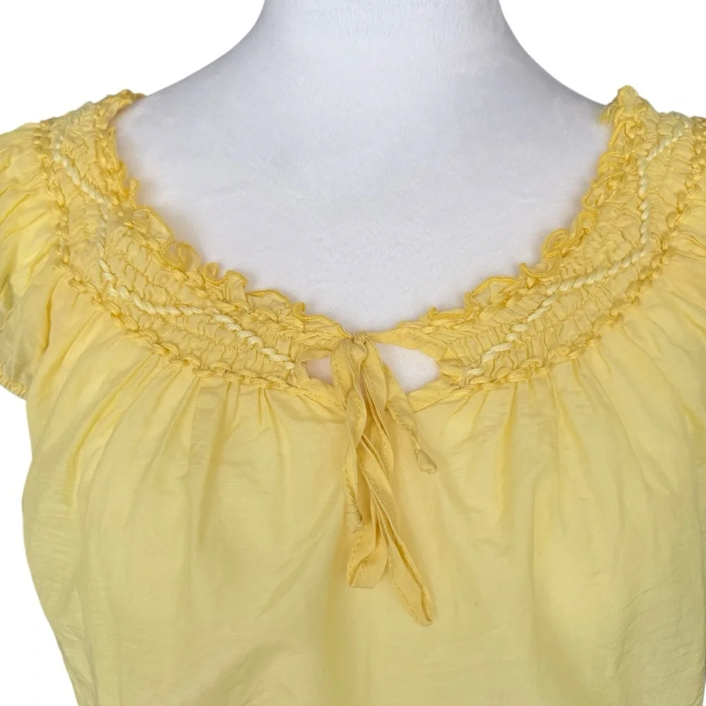 Coco Cabana Yellow Smocked Neck Cap-Sleeve Sheer Top Silk Cotton Blend XS - Picture 5 of 8